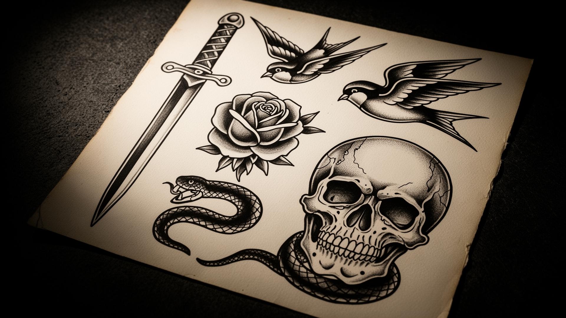 Traditional blackwork tattoo flash sheet